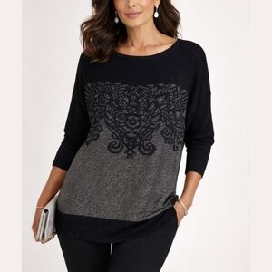 ROZ & ALI Half Sleeve Black Knit Sweater Blouse Metallic Jaquard Filagree Front